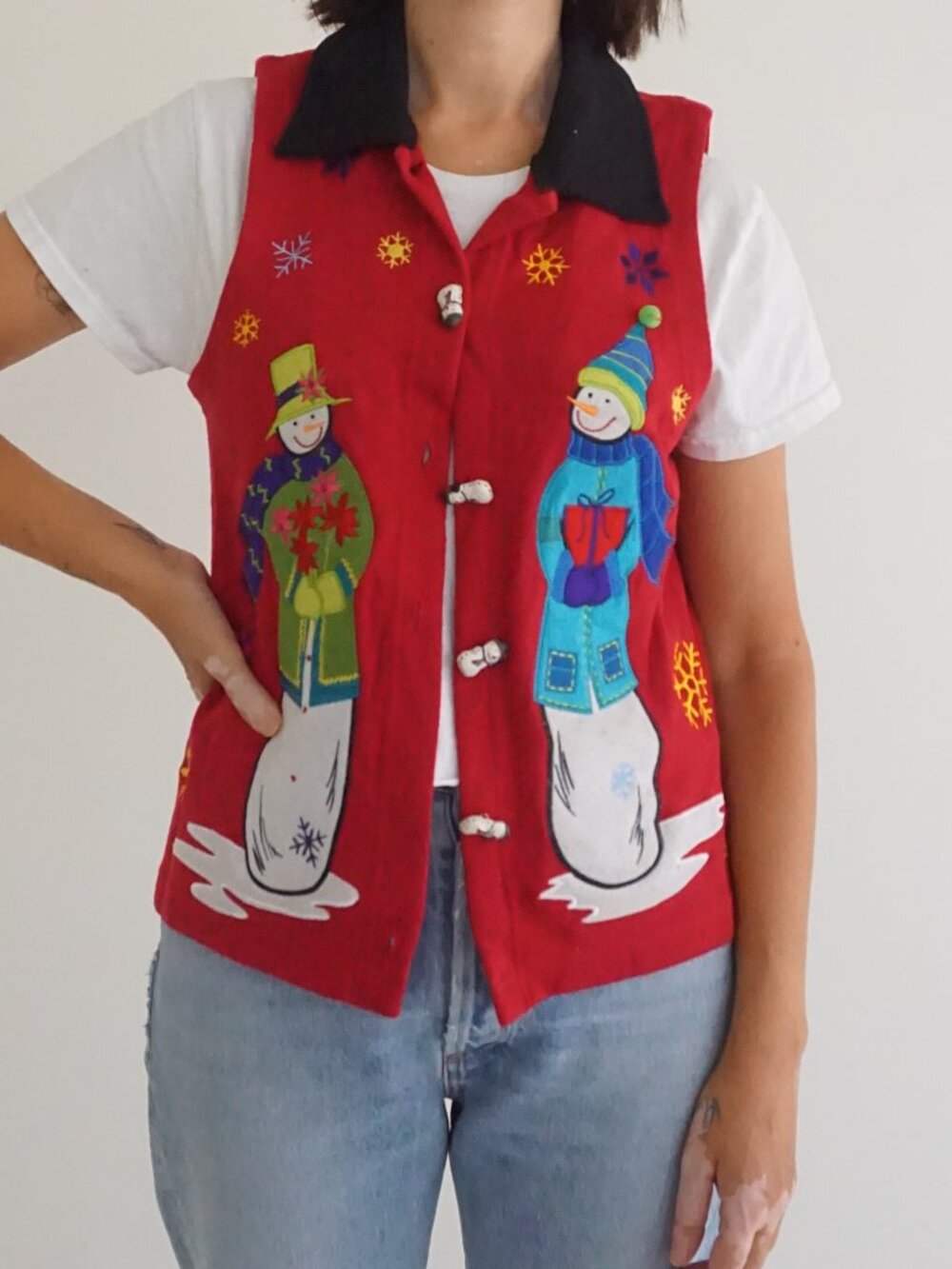 Vintage Unique Casuals Red Black Snowmen Snowflake Festive Christmas Vest M